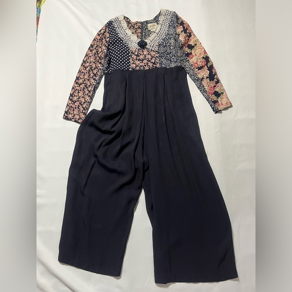 JEFFREY&DARA VINTAGE 90s PINK/BLACK, POLKA DOT WIDE LEG JUMPSUIT, SIZE 11/12.